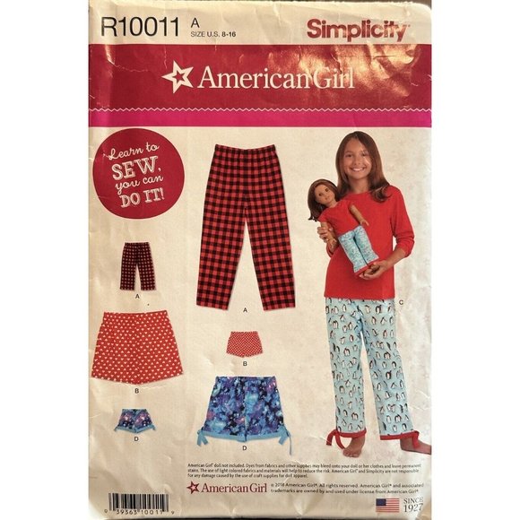 Simplicity American Doll Girl Sewing Pattern Lounge Pants Shorts #R10011A Sz8-16 - Picture 1 of 3